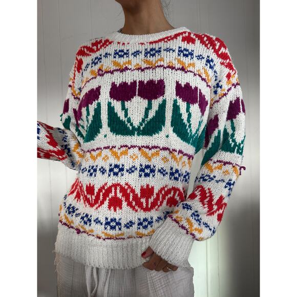 Vintage Hand Knit Sweater with Tulips Women's Large - Picture 6 of 6